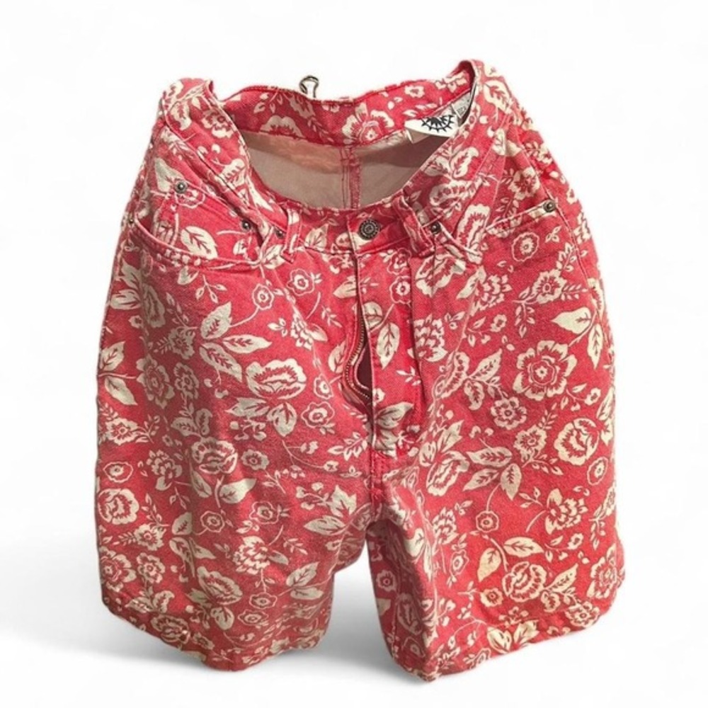 womens 90s red & white aop floral‎ print denim shorts